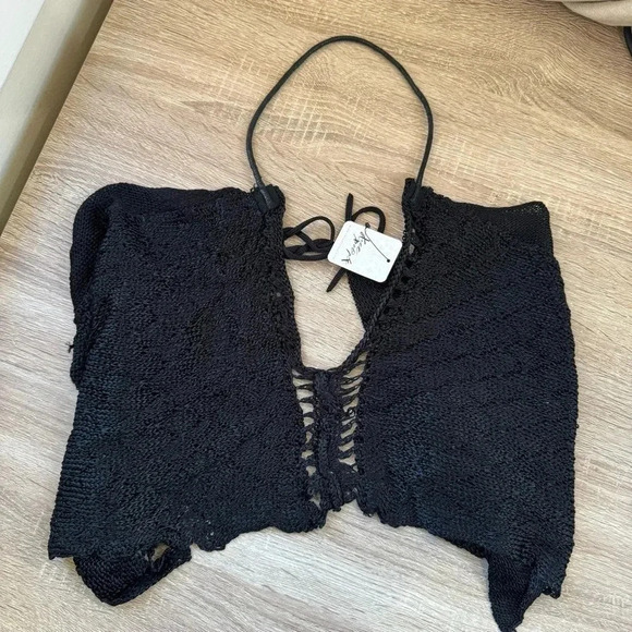 NWT Free People Knit Crochet Halter Top Shirt Black Small - Picture 8 of 8